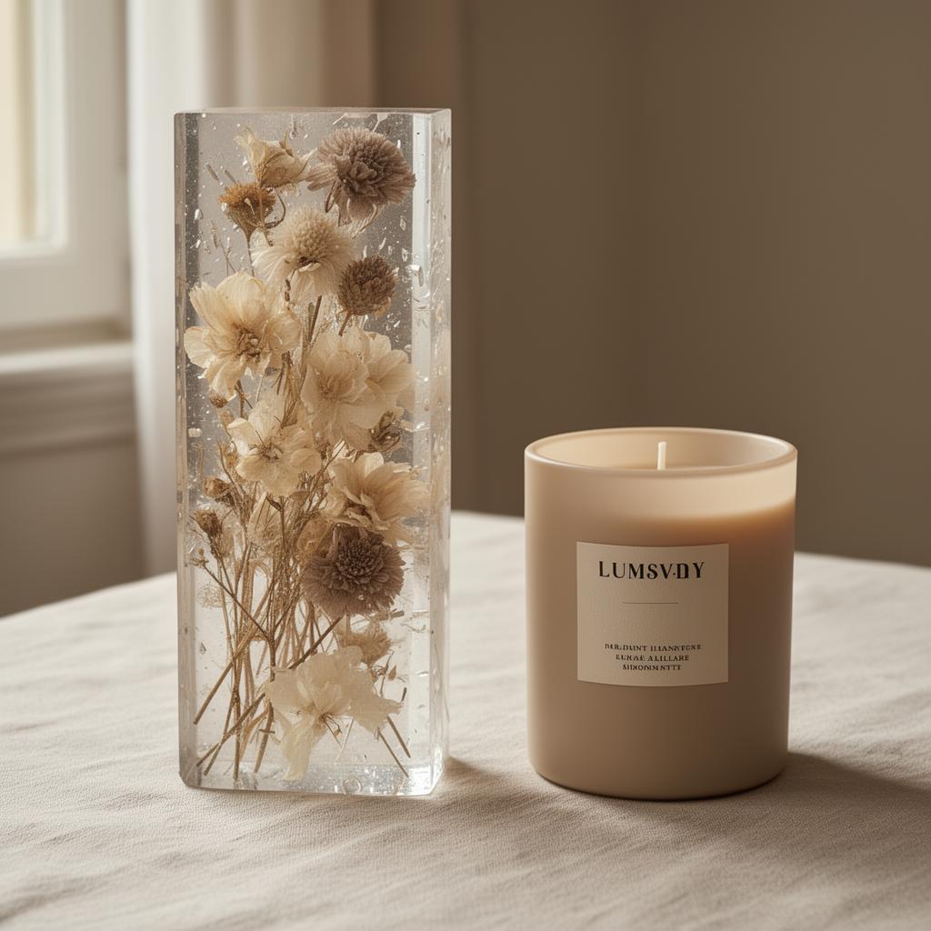 Dried florals preserved in resin beside a beige luxury candle